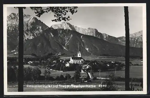 AK Mieming, Untermieming, Ortspartie mit Kirche und Mieminger Kette