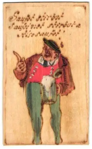 Holz-AK Mann in Tracht mit Bierkrug und Pfeife