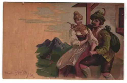 Holz-Lithographie Ein Jägersmann mit seiner Frau