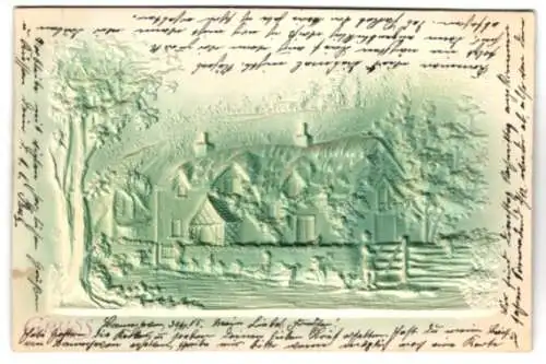 Präge-Airbrush-AK Haus im Wald