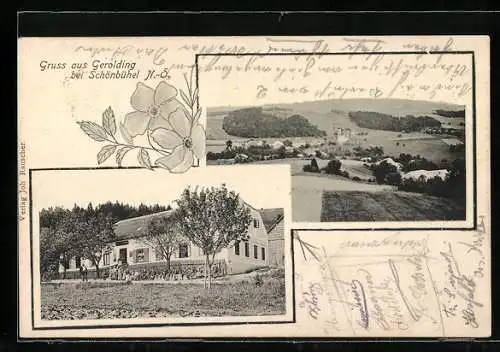 AK Gerolding /Dunkelsteinerwald, Blick zum Gasthaus, Panorama mit Dorf und Umgebung