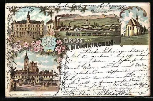 Lithographie Neunkirchen, Rathaus, Hauptplatz, Peters-Kirche, Türkensturz