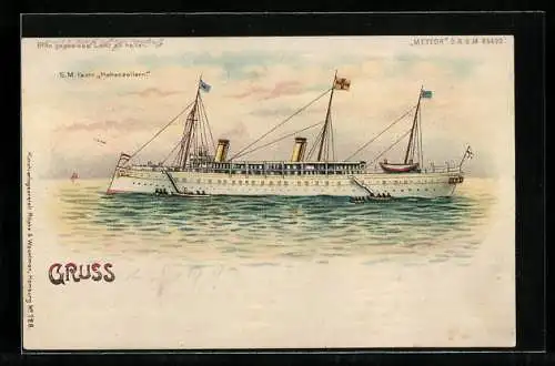 Lithographie Kriegsschiff S.M. Yacht Hohenzollern bei ruhiger See, Halt gegen das Licht: Scheinwerfer des Schiffes