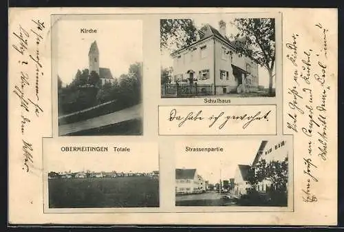 AK Obermeitingen, Schulhaus, Kirche, Strassenpartie, Totalansicht