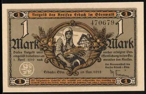 Notgeld Erbach /Odenwald 1918, 1 Mark, Mühle, Bauersfrau m. Ähren und Sichel, Haus, Früchte in Füllhörnern, Siegel