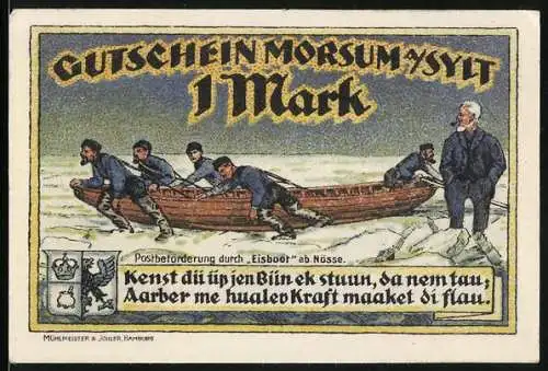 Notgeld Morsum a. Sylt 1921, 1 Mark, Postbeförderung durch das Eisboot