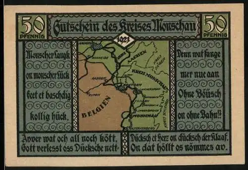 Notgeld Monschau 1921, 50 Pfennig, Karte mit dem Kreis Monschau an der Belgischen Grenze