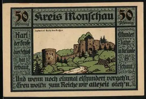 Notgeld Monschau 1921, 50 Pfennig, Das Jagdschloss Karls des Grossen