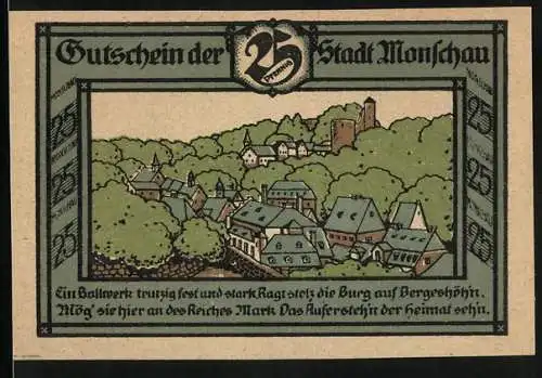 Notgeld Monschau 1921, 25 Pfennig, Ortsansicht mit der Ruine