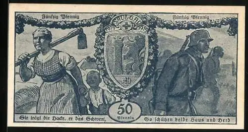 Notgeld Saulgau 1918, 50 Pfennig, Frau mit Kind zieht aufs Feld, der Mann in den Krieg