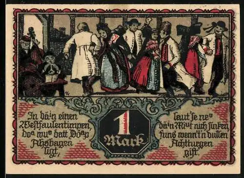 Notgeld Eisbergen 1921, 1 Mark, Menschen in Tracht beim Tanz