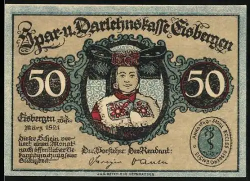 Notgeld Eisbergen 1921, 50 Pfennig, Kircheninneres und Frau in Tracht