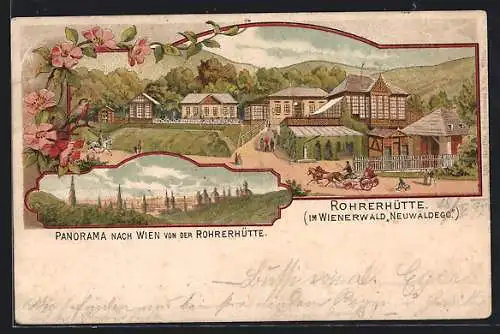 Lithographie Wien, Restaurant Rohrerhütte im Wienerwald Neuwaldegg, Panorama