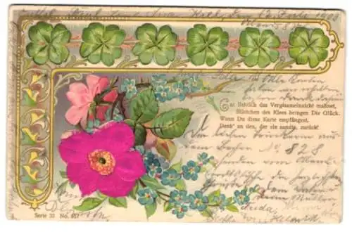 Stoff-Präge-AK Glücksklee und Blumengesteck, eine Blüte aus Stoff
