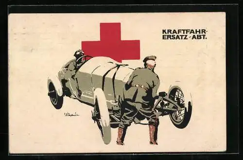 Künstler-AK sign. Julius U. Engelhard: München, Auto der Kraftfahr-Ersatz-Abteilung, Rotes Kreuz