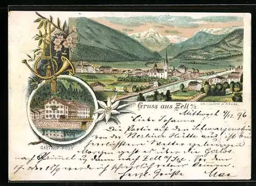 Lithographie Zell am Ziller, Gasthof Post, Ortsansicht mit Kirche