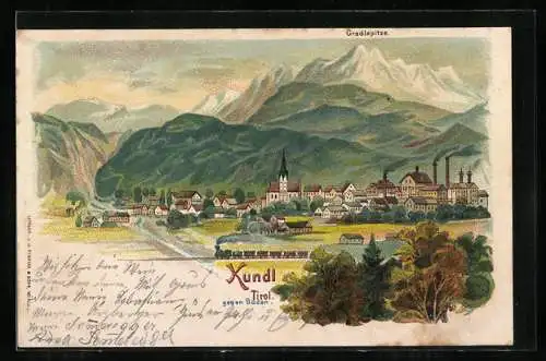 Lithographie Kundl, Totale mit Eisenbahn und Gradlspitze