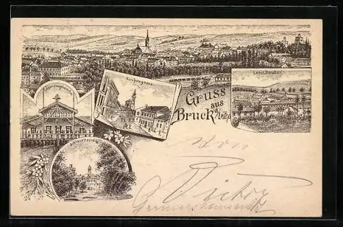 Lithographie Bruck a. Leitha, Kirchengasse, Hauptwache des Lagers, Schloss Harrach