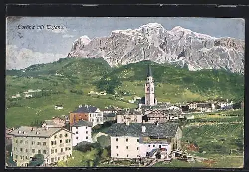 Künstler-AK Cortina, Totalansicht mir Kirche und Berglandschaft