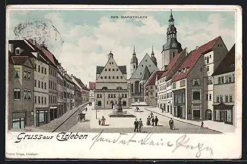 Lithographie Eisleben, Marktplatz mit Denkmal und Einspänner aus der Vogelschau