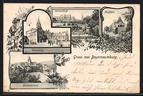 AK Beyernaumburg, Ober- und Unterschloss, Auffahrt, Gesamtansicht