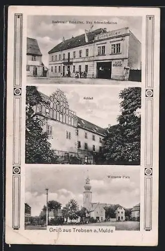 AK Trebsen a. Mulde, Restaurant Ratskeller von Max Schneiderheinze, das Schloss, der Wurzener Platz