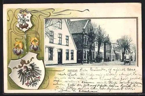 Passepartout-Lithographie Heide / Holstein, Strassenpartie, Wappen