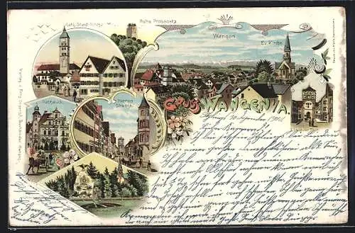 Lithographie Wangen i. A., Herrenstrasse, Denkmal, Kath. Kirche, Ortsansicht