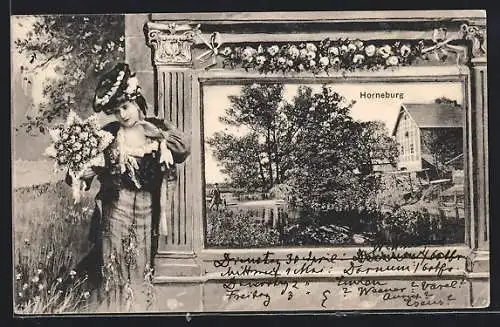 Passepartout-AK Horneburg, Flusspartie mit Anwesen, Dame mit Blumen-Bukett