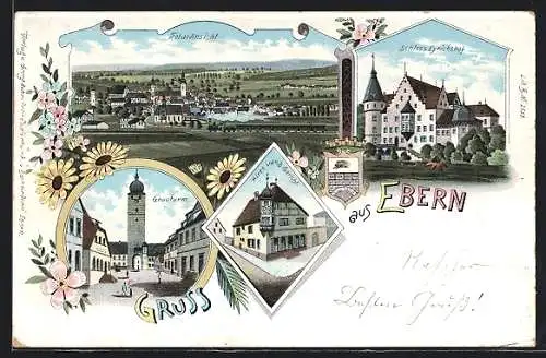 Lithographie Ebern, Altes Landgericht, Grauturm, Schloss Eyrichshof