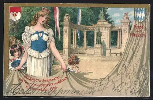 Lithographie Würzburg, Denkmal für Se. Kgl. Hoheit den Prinzregenten Luitpold von Bayern