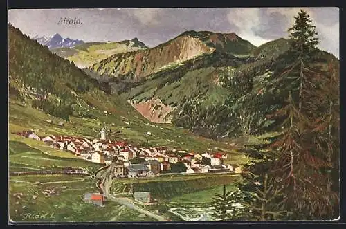 Künstler-AK Airolo, Ortsansicht mit den Bergen