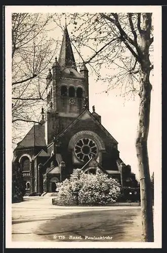 AK Basel, Strassenpartie mit Pauluskirche