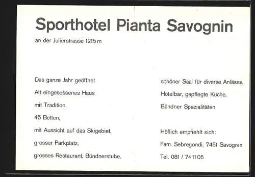 Klapp-AK Savognin, Sporthotel Pianta an der Julierstrasse, Innenansichten