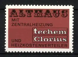 Reklamemarke techem Clarius, Althaus mit Zentralheizung und Heizkostenverteiler