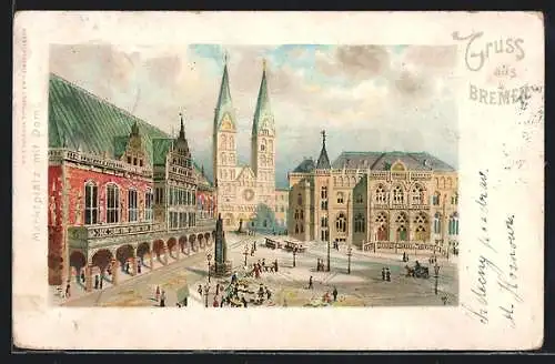 Lithographie Bremen, Marktplatz mit Dom