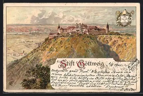 Lithographie Furth bei Göttweig, Stift Göttweig mit Wappen