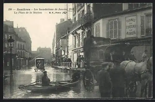 AK Asnières, Les Inondations de Janvier 1910, La Place de la Station, Hochwasser