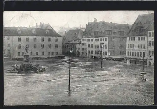 AK Nürnberg, Hochwasser-Katastrophe 1908, Hauptmarkt mit Neptunbrunnen