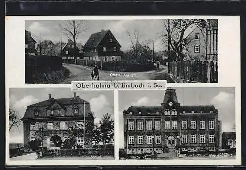 AK Oberfrohna bei Limbach, Gemeindeamt, Schule, Ortspartie