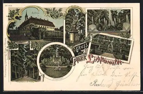 Lithographie Lichtenwalde, Ansicht vom Schloss, Freitreppe, Die sieben Wasserkünste