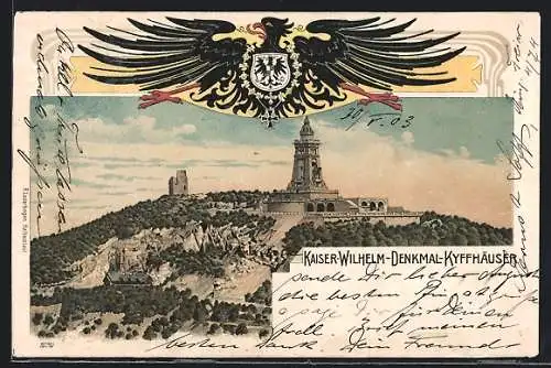 Lithographie Kyffhäuser, Panorama mit Kaiser Wilhelm-Denkmal, Preussischer Adler