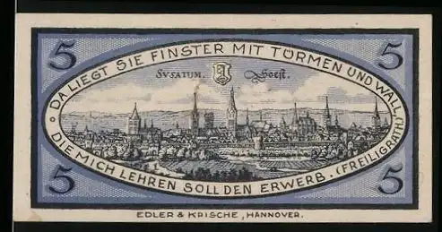 Notgeld Soest 1920, 5 Pfennig, Ortsansicht Susatum und Wappen