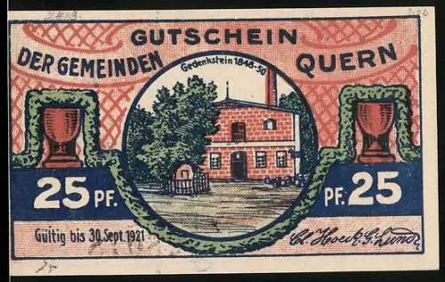 Notgeld Quern 1921, 25 Pfennig, Gedenkstein 1848-50, Blick nach Dänemark