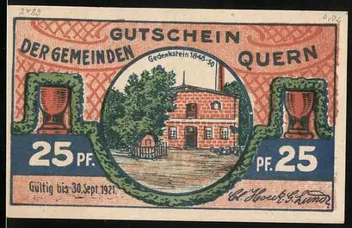 Notgeld Quern 1921, 25 Pfennig, Gedenkstein 1848-50, Blick nach Dänemark