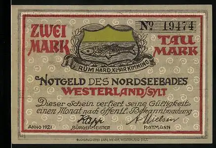 Notgeld Westerland /Sylt 1921, 2 Mark, Seeleute und Mönch