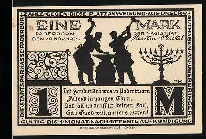 Notgeld Paderborn 1921, 1 Mark, Arbeiter in der Schmiede, Haus Levermann