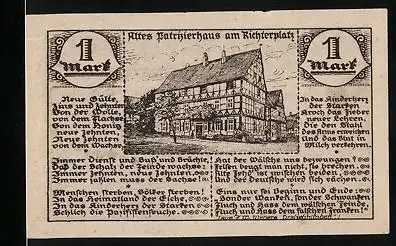 Notgeld Nieheim i. Westf. 1921, 1 Mark, Altes Patrizierhaus am Richterplatz, Wappen