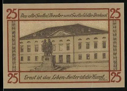 Notgeld Weimar 1921, 25 Pfennig, Das alte (Goethe) Theater und Goethe-Schiller-Denkmal, Wappen