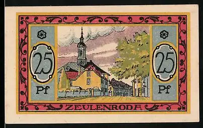 Notgeld Zeulenroda 1921, 25 Pfennig, Strasse an der Kirche, Wappen